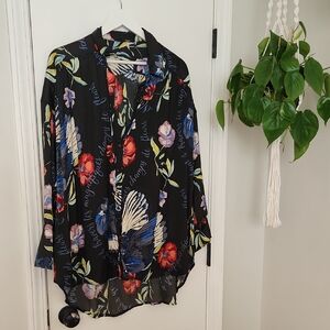Free People Floral Black Button-Up Tunic Shirt